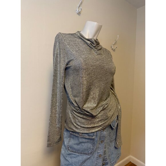 Clara Sun Woo Silver Glitter Metallic Long Sleeve Side Gathered Top Women's XS N - Picture 3 of 11